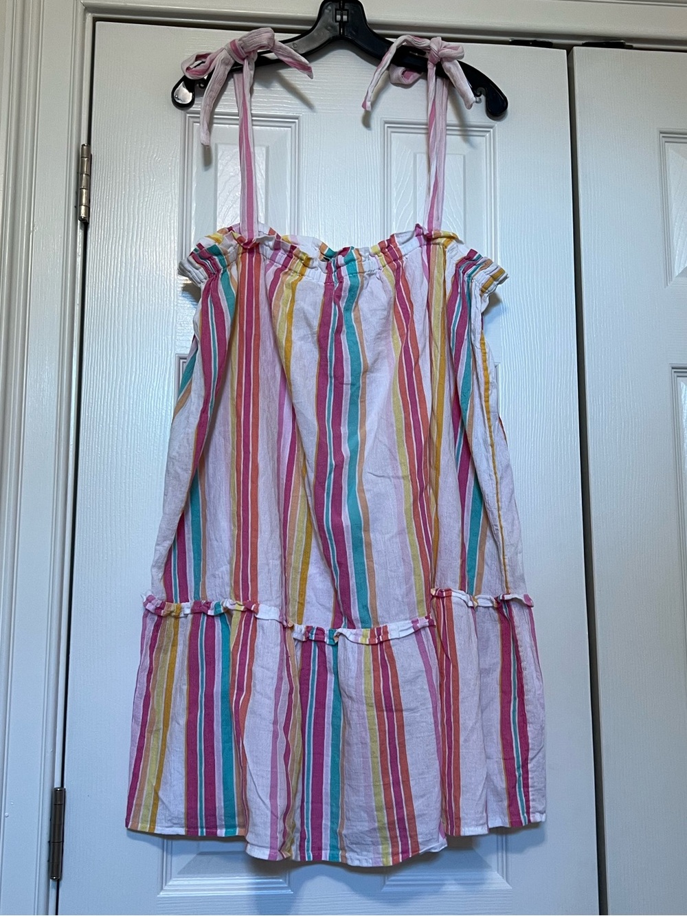 J Crew Striped 100% Cotton Coverup Dress size  L with tie straps, 24” long